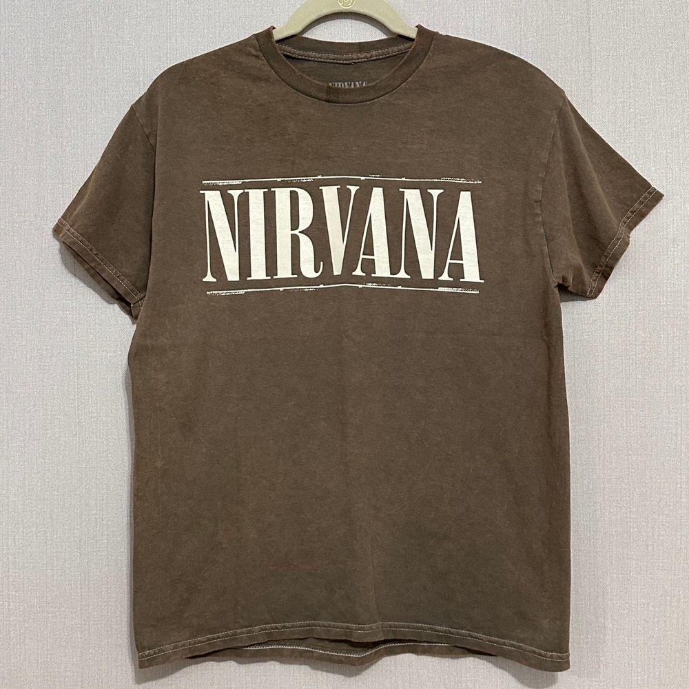 Nirvana Graphic T-Shirt Mens Medium Brown Smiley Face Logo Band Short Sleeve New